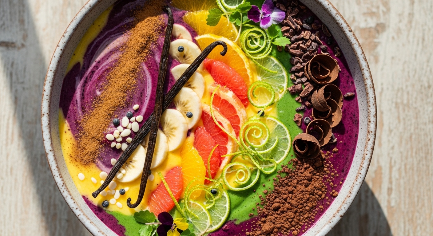 Cinnamon sticks, vanilla beans, lemon zest, and cocoa powder arranged on a light countertop