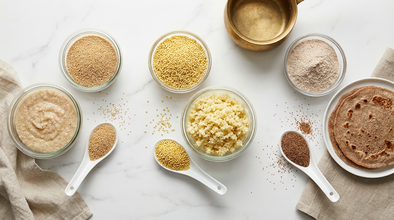 Small bowls of cooked amaranth millet and teff with a spoon on a kitchen counter