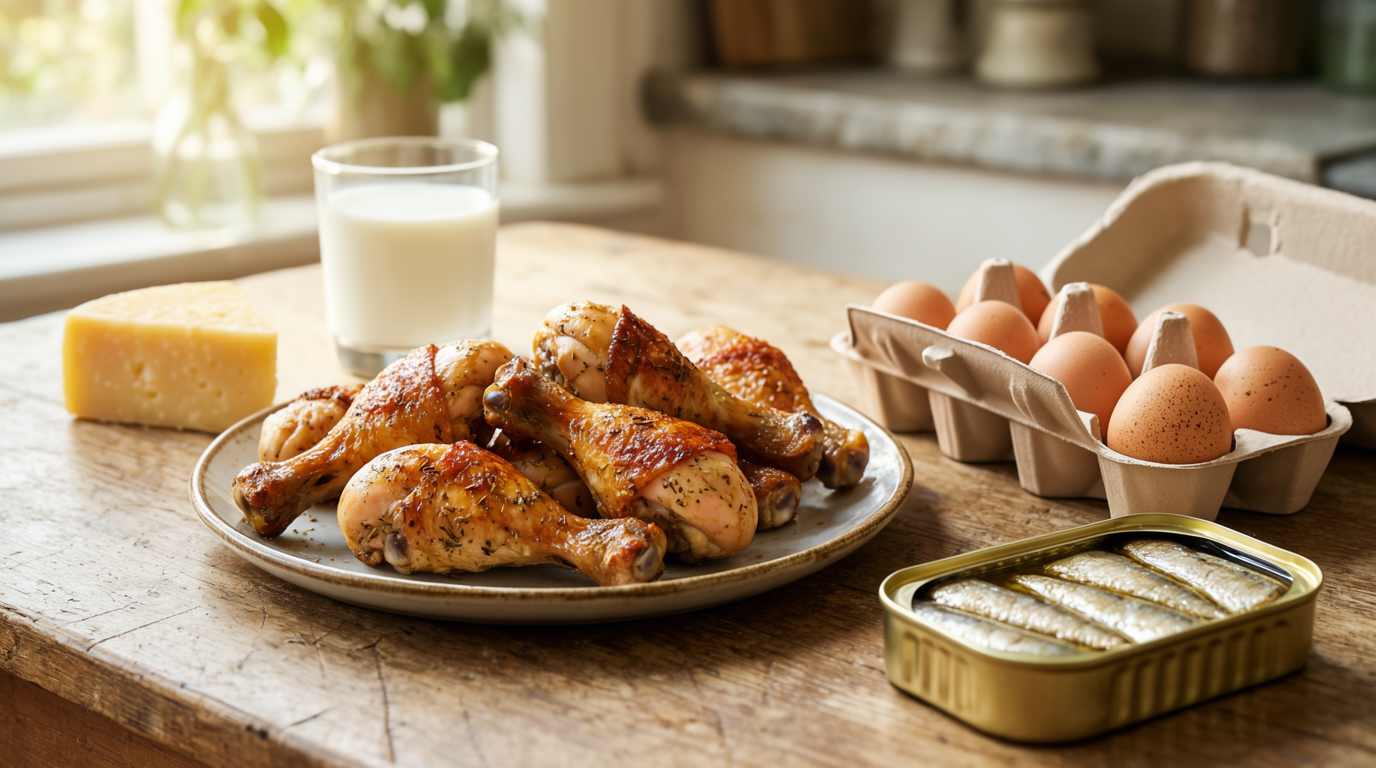 A table spread with roasted drumsticks, brown eggs, a glass of milk, canned sardines, and cheese