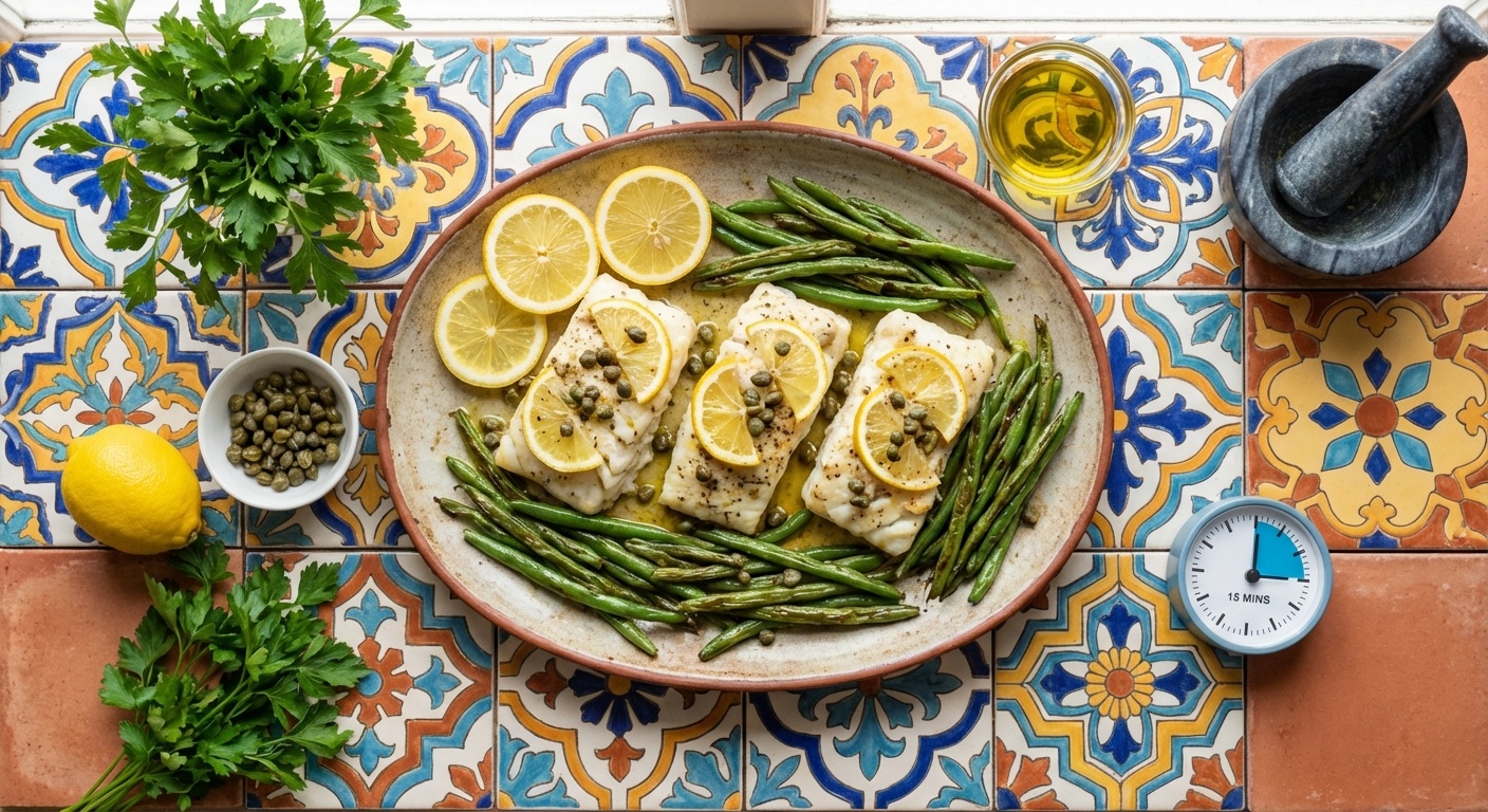 Baked cod fillets with lemon slices capers and green beans on a baking sheet