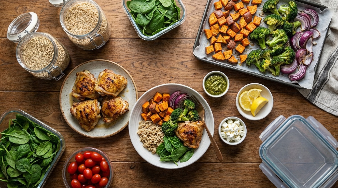 Batch Cooking for Beginners Weekly Guide - multiple glass containers filled with pre-cooked grains, roasted vegetables, and proteins aligned on a counter
