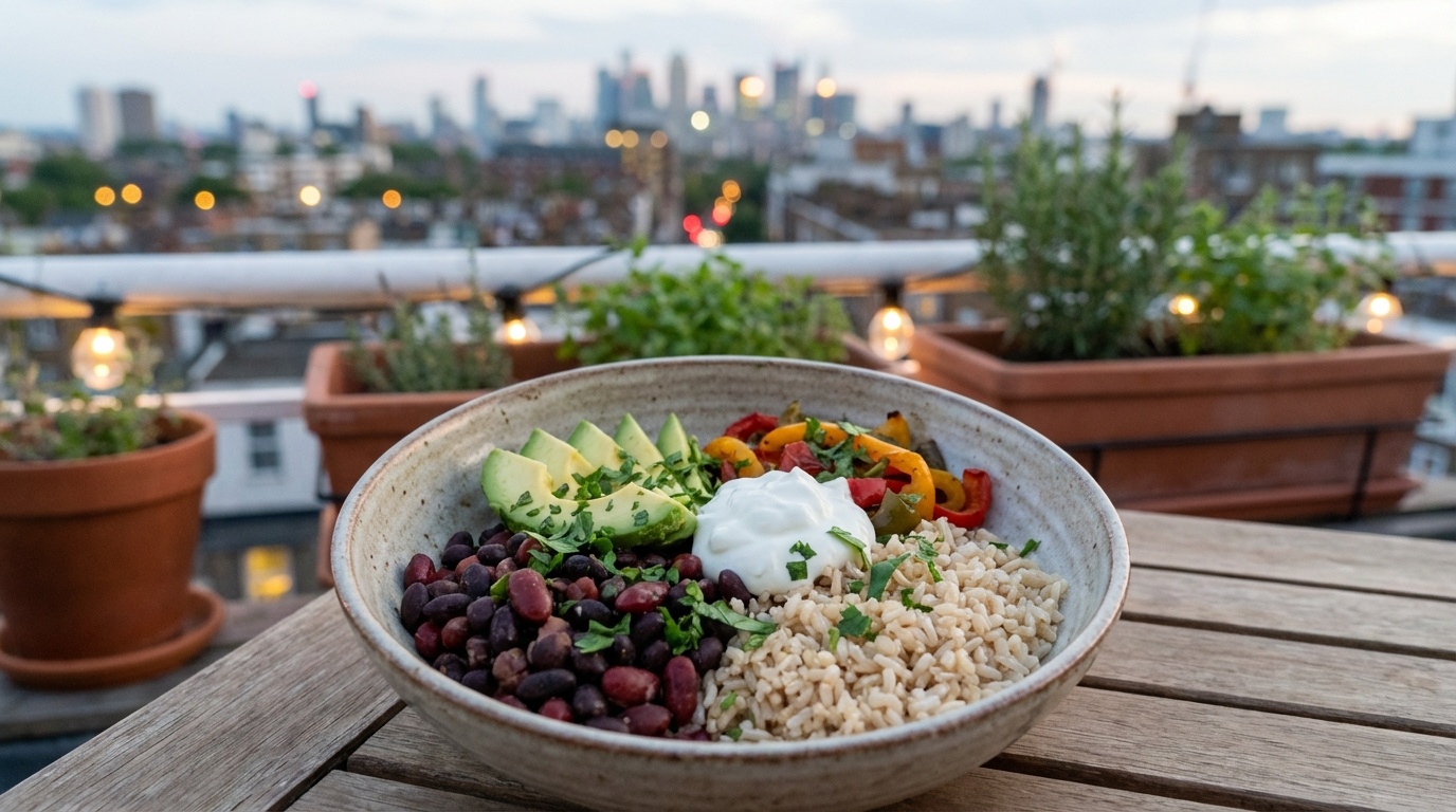 A hearty bowl of black beans and rice garnished with fresh cilantro and lime
