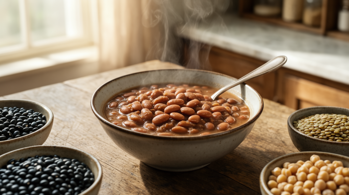 A steaming bowl of simmered pinto beans surrounded by small bowls of black beans, lentils, and chickpeas