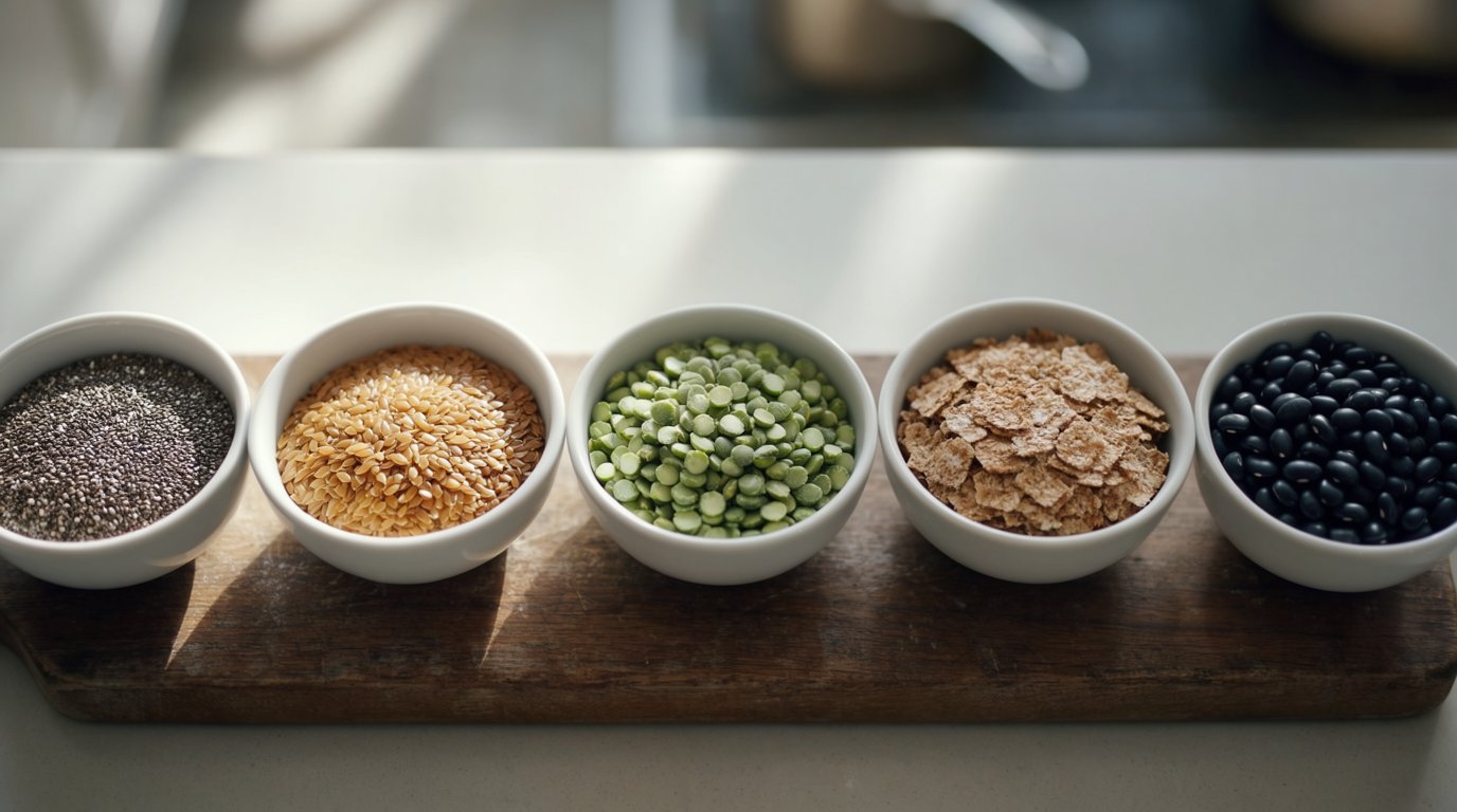 Bowls of chia seeds, flaxseed, dry split peas, bran flakes, and dry black beans arranged in order on a wooden board