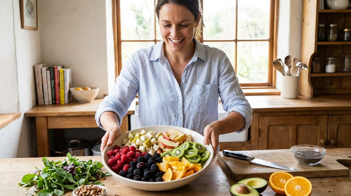 Assorted berries pears and apples on a wooden board