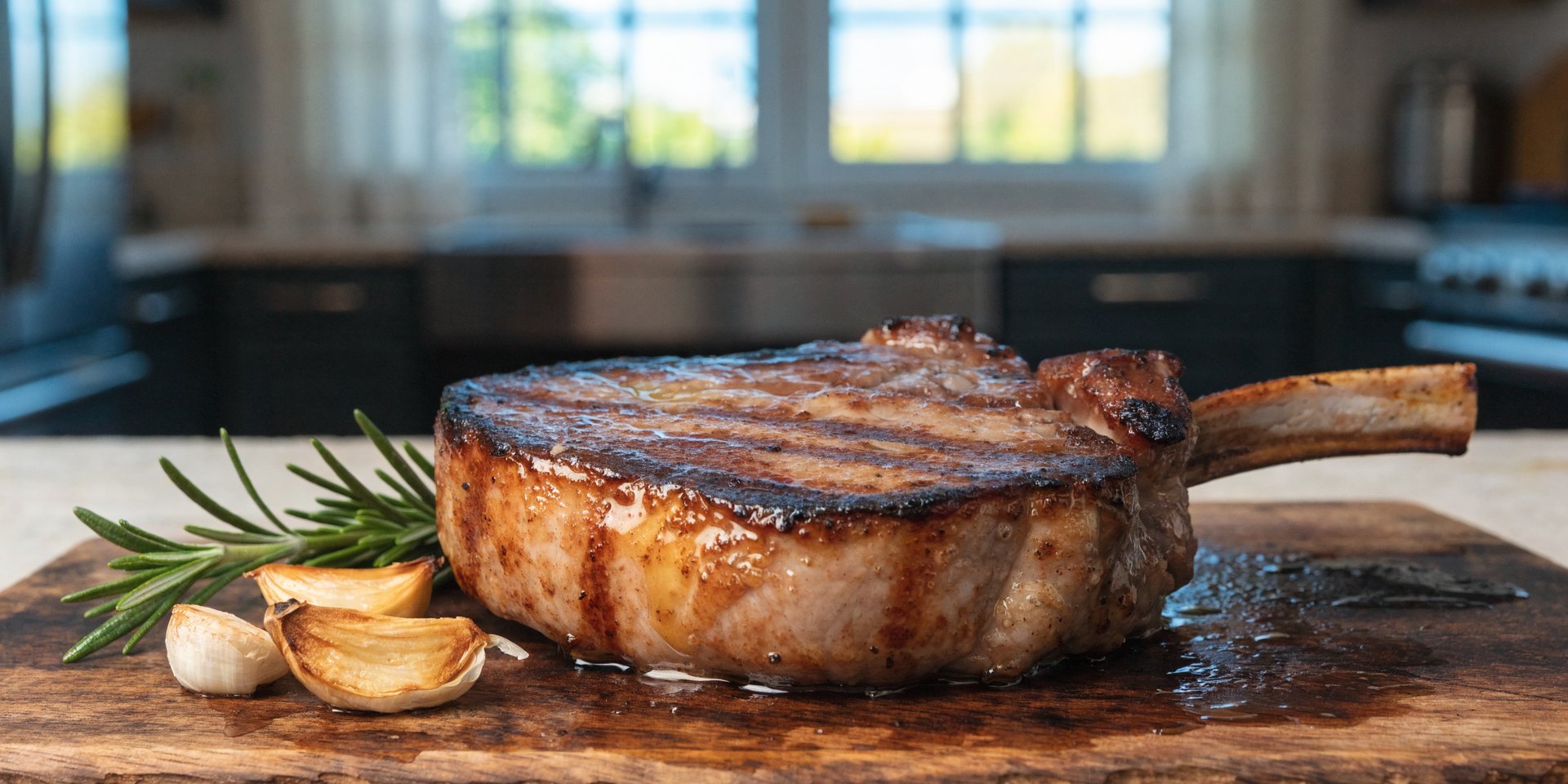 A golden-brown seared pork chop rests on a wooden cutting board with rosemary and roasted garlic.