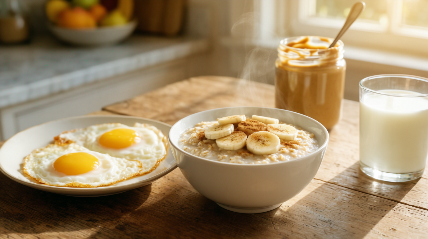 A breakfast table with steaming oatmeal topped with banana, fried eggs, peanut butter, and a glass of milk