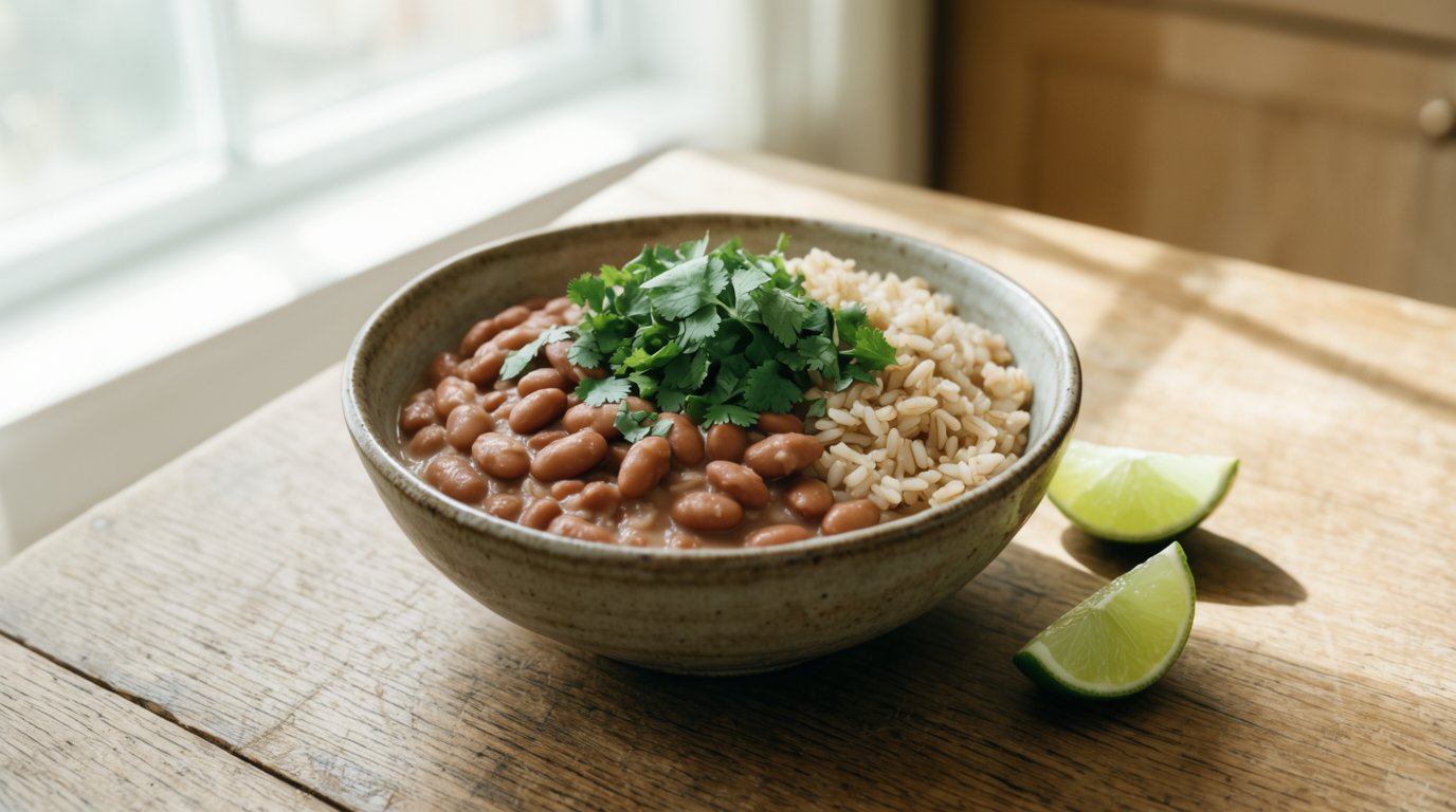 A bowl of pinto beans over brown rice with lime wedges and cilantro on a kitchen table
