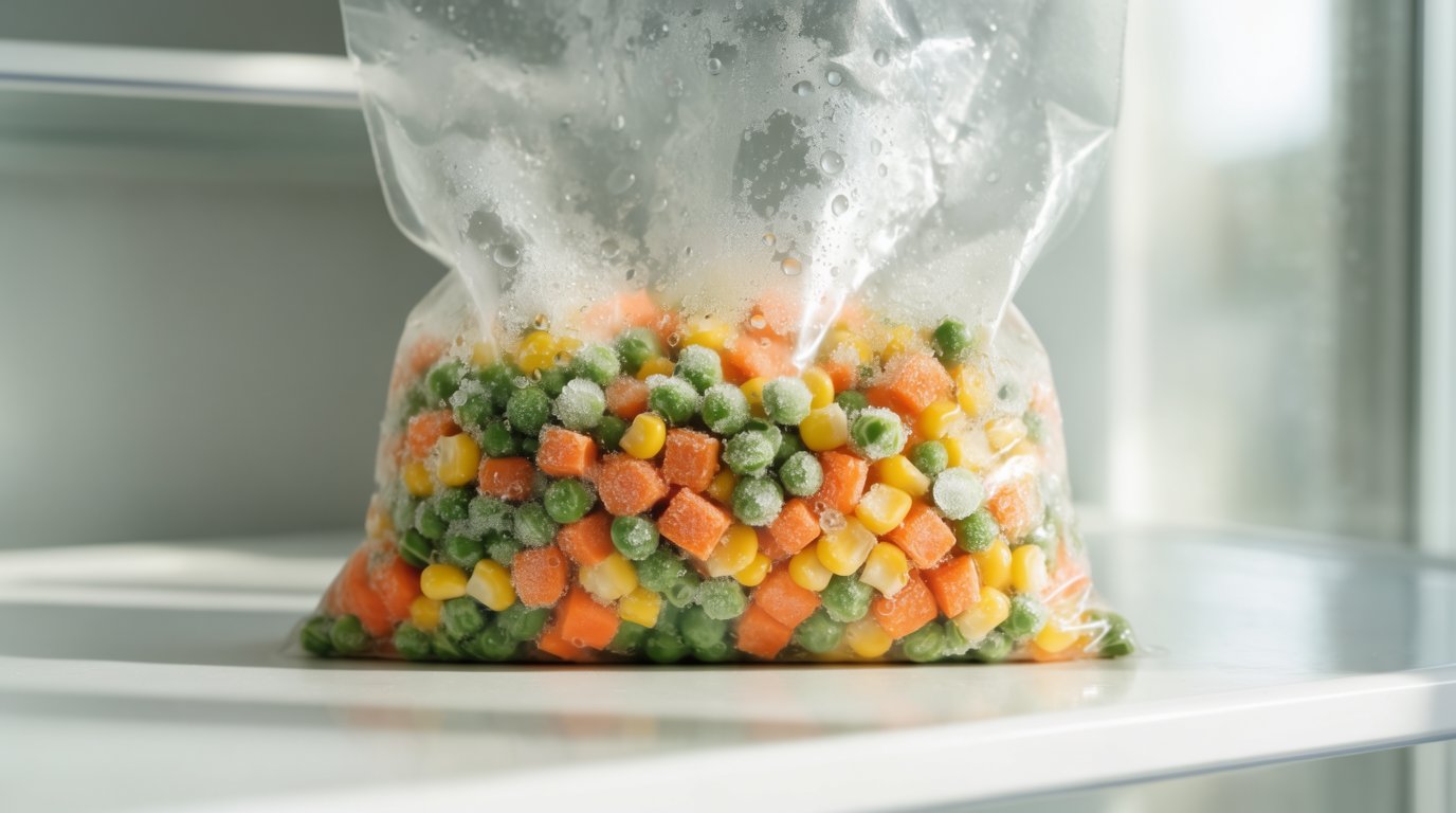 A partly thawed bag of frozen mixed vegetables sitting on a refrigerator shelf