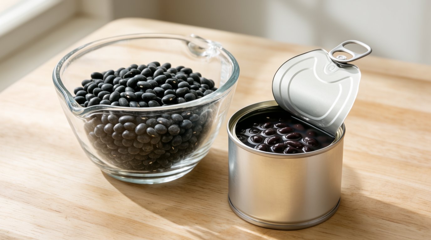 A measuring bowl of dry black beans beside an opened can of black beans on a kitchen scale