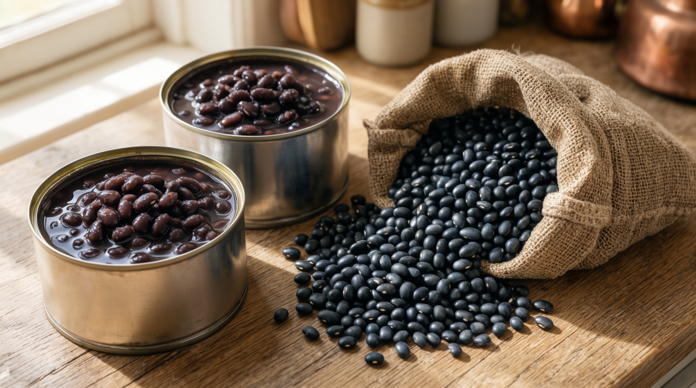 Open cans of black beans next to a burlap sack of dry black beans on a wooden counter