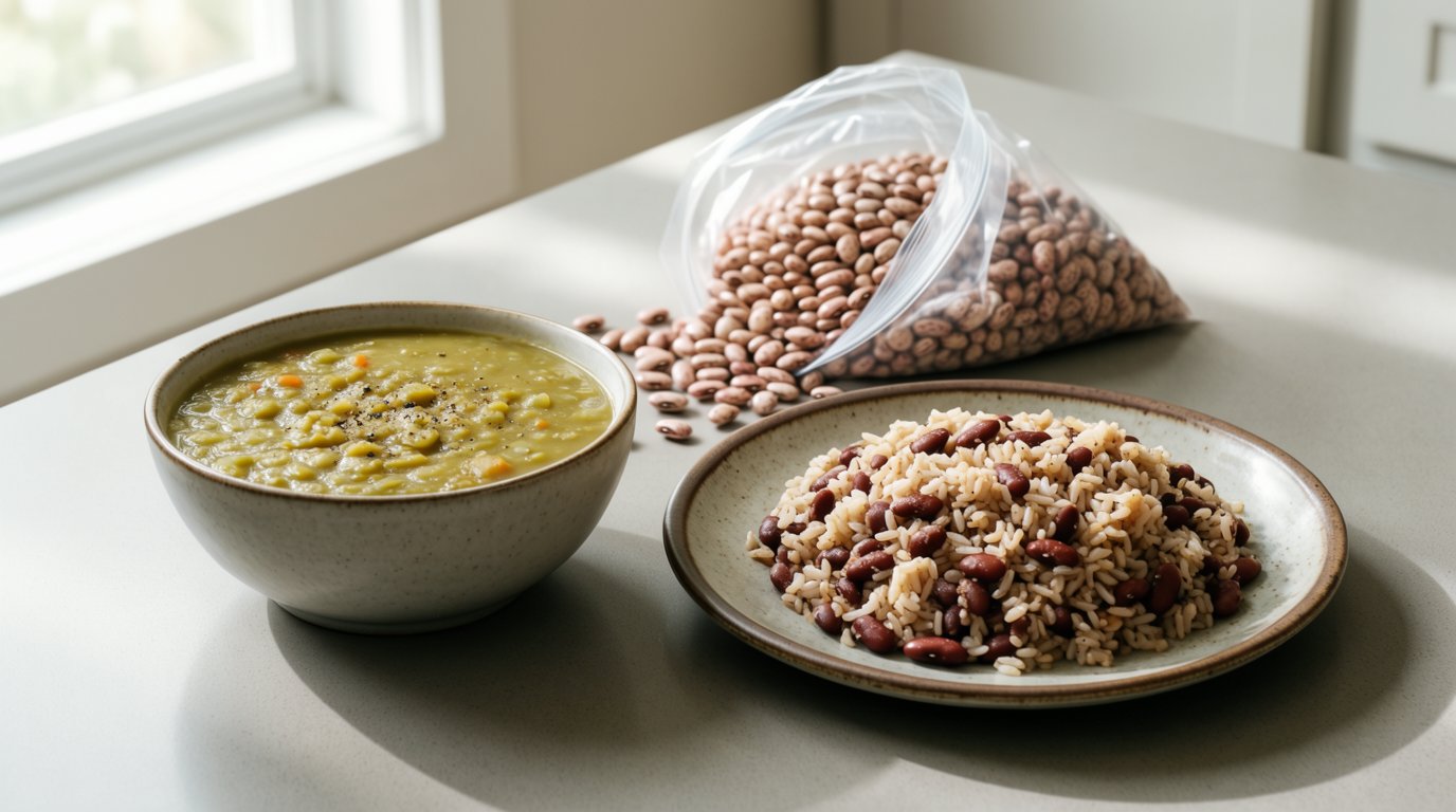 Bowl of split pea soup and a plate of rice and beans on a kitchen counter beside a bag of dry pinto beans