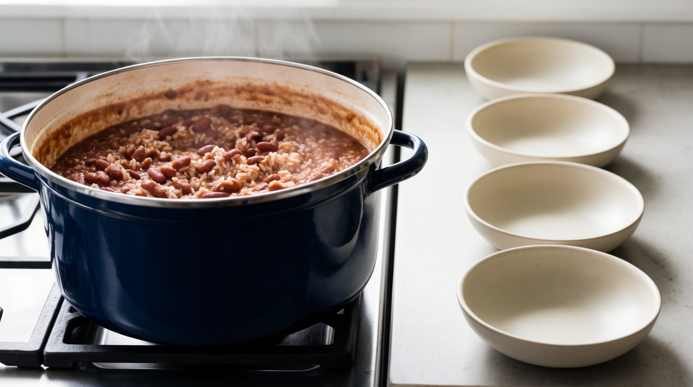 Large pot of beans and rice on a stove with four bowls set out on the counter beside it