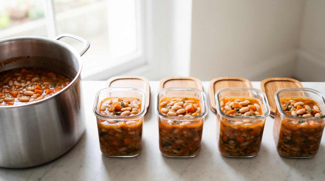 Large pot of bean stew beside four filled glass storage containers on a kitchen counter