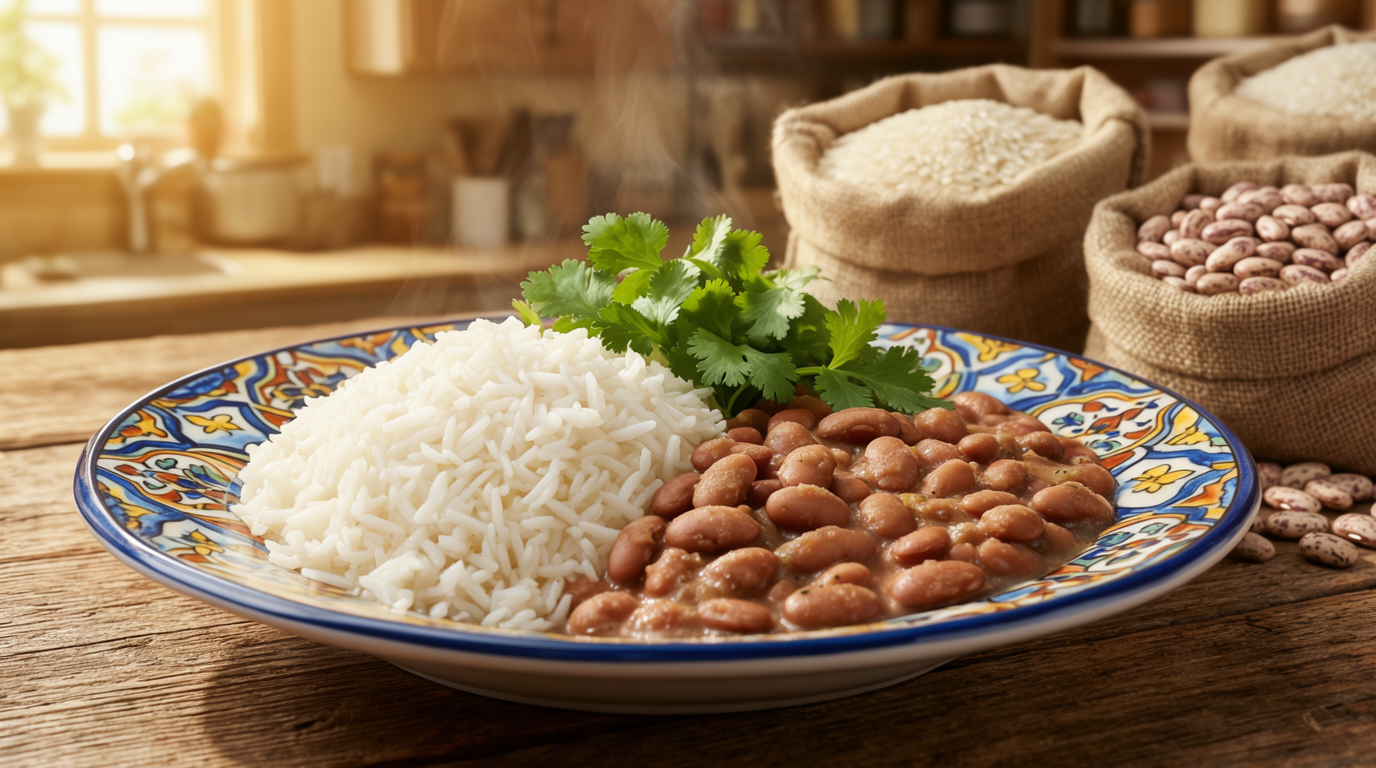 A plate of rice and beans with cilantro, with sacks of dry rice and pinto beans in the background