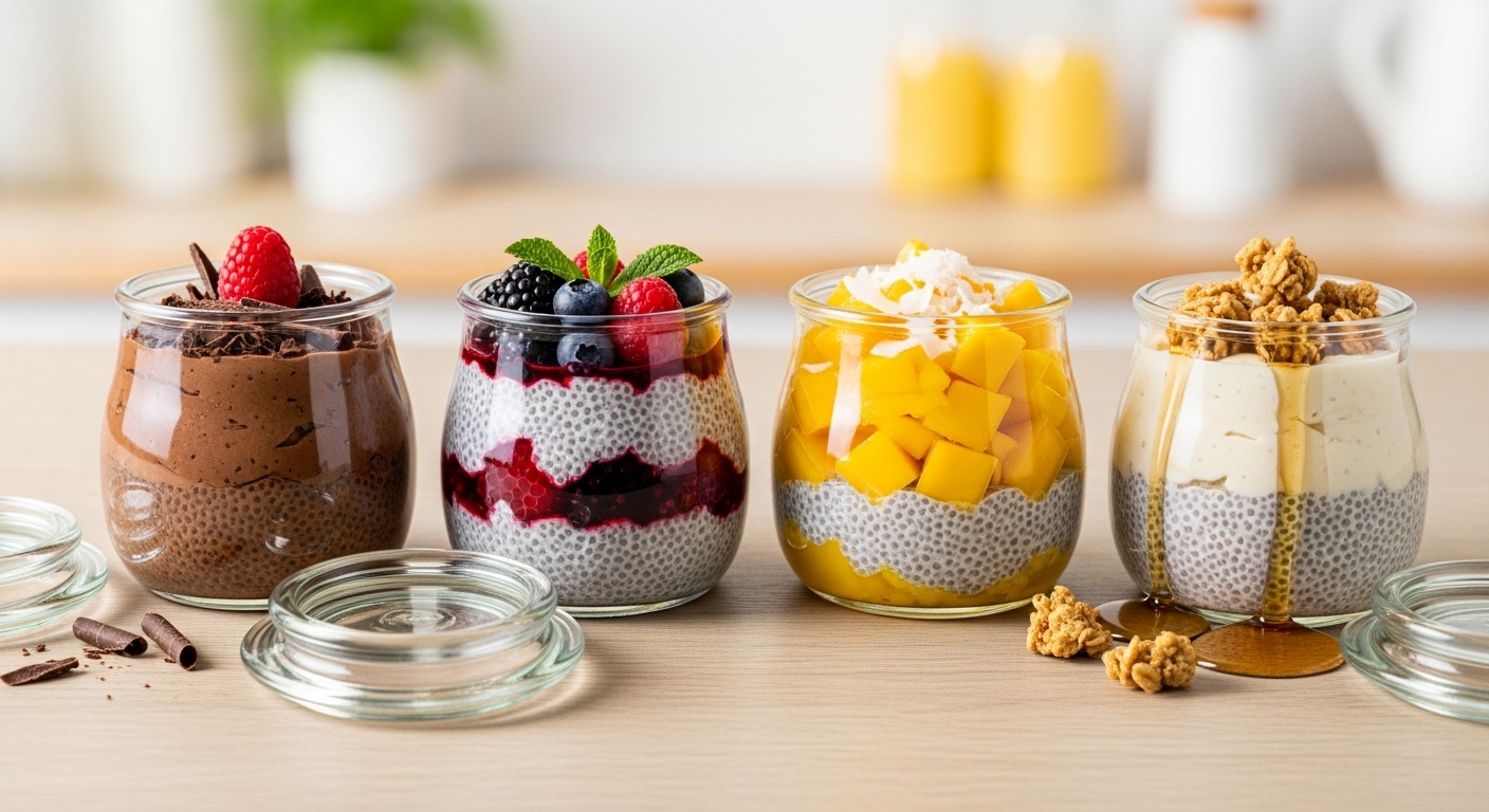 Chia Pudding Variations for Breakfast - overhead view of prepared meal with chia seeds for a healthy morning