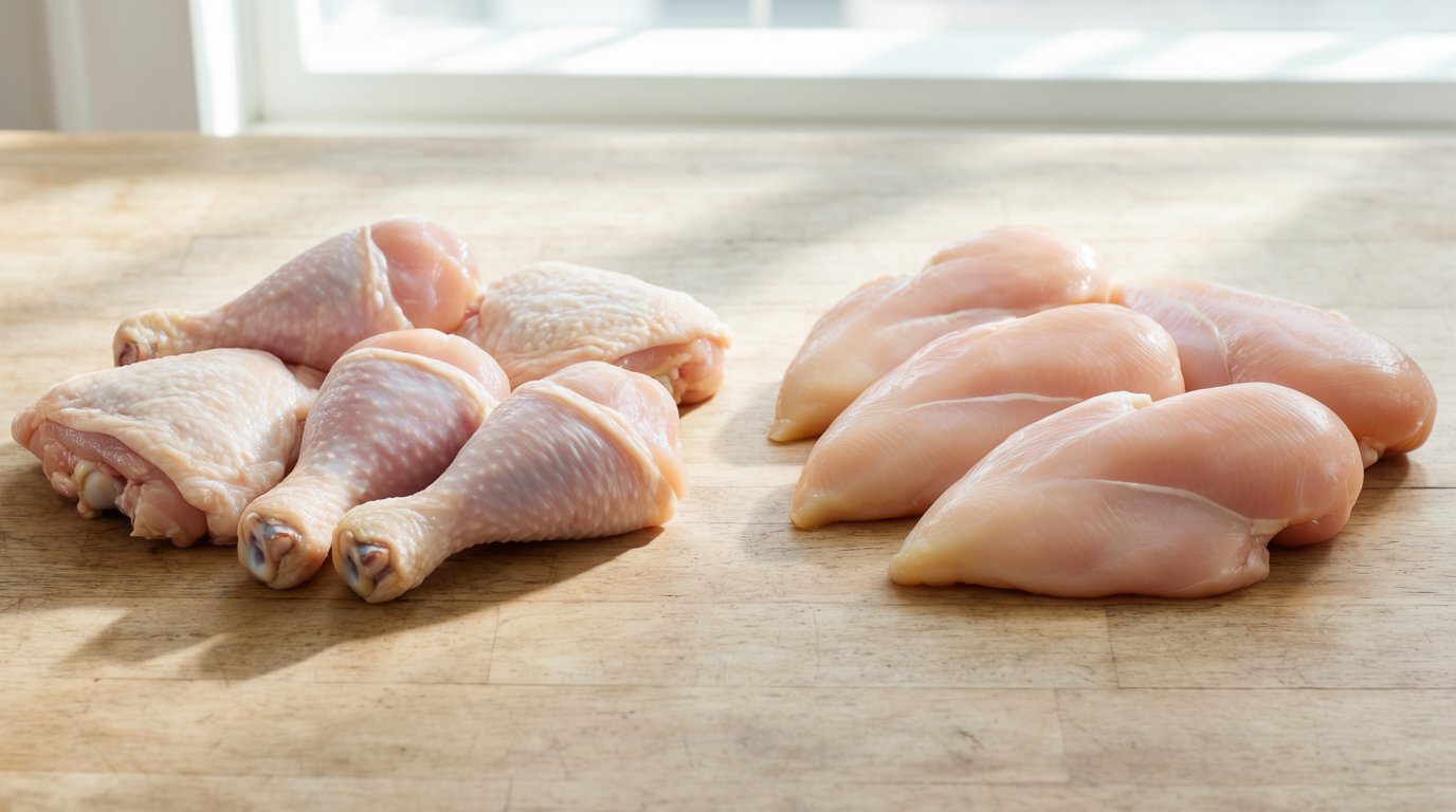 Raw bone-in chicken drumsticks and thighs on one side of a wooden counter and boneless skinless chicken breasts on the other
