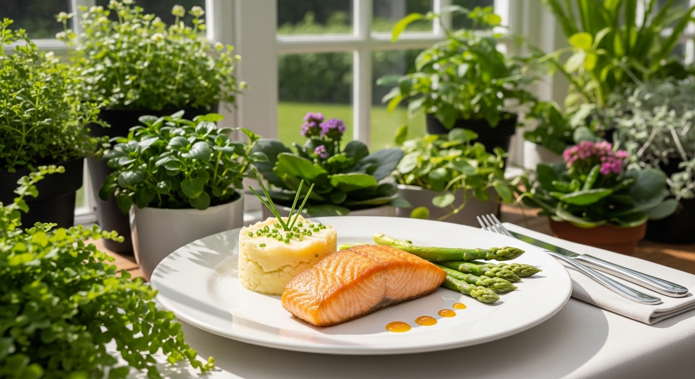 Simple dinner plate with familiar foods arranged in a clean approachable way