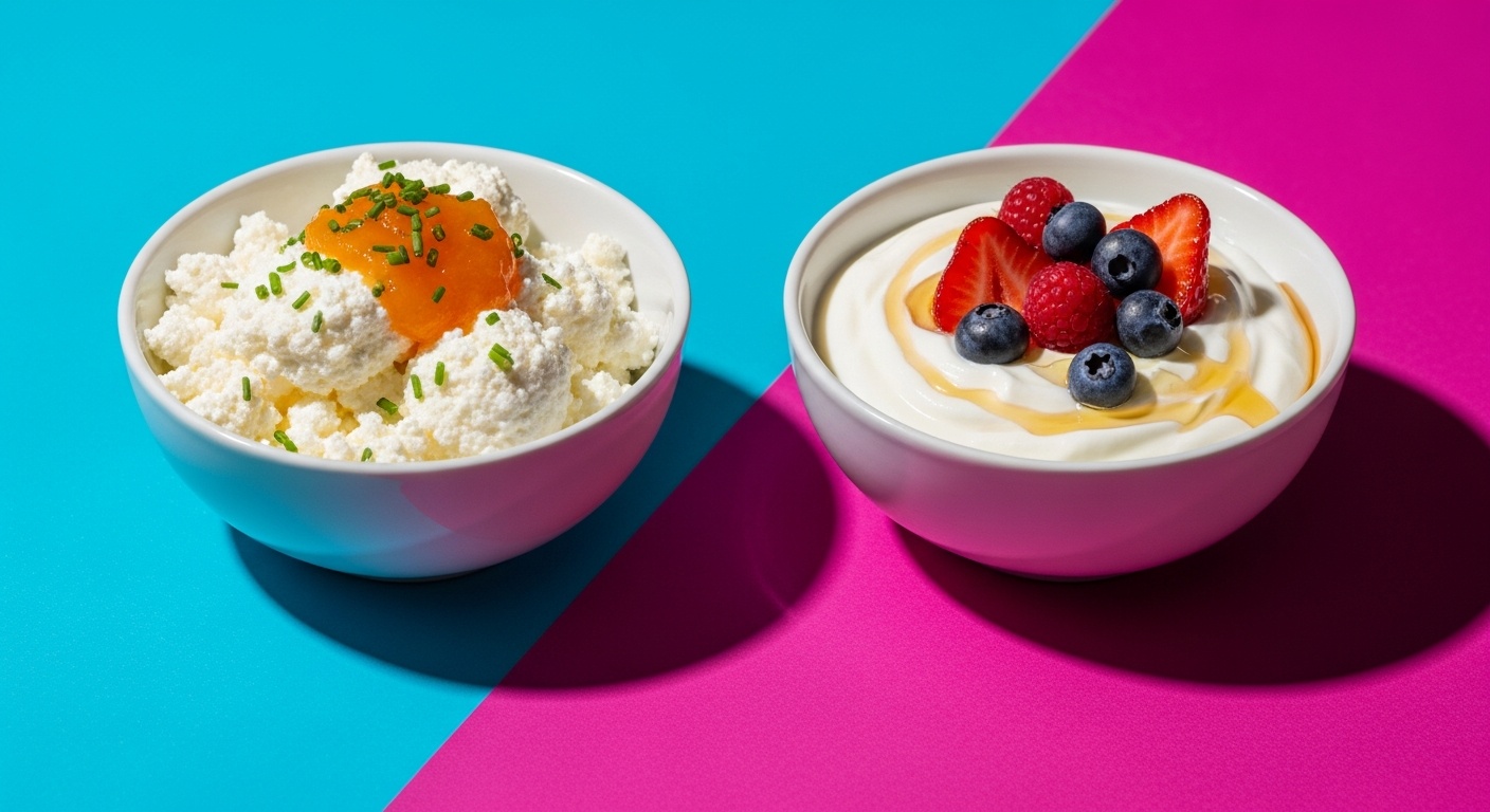A bowl of cottage cheese next to a bowl of Greek yogurt on a kitchen counter