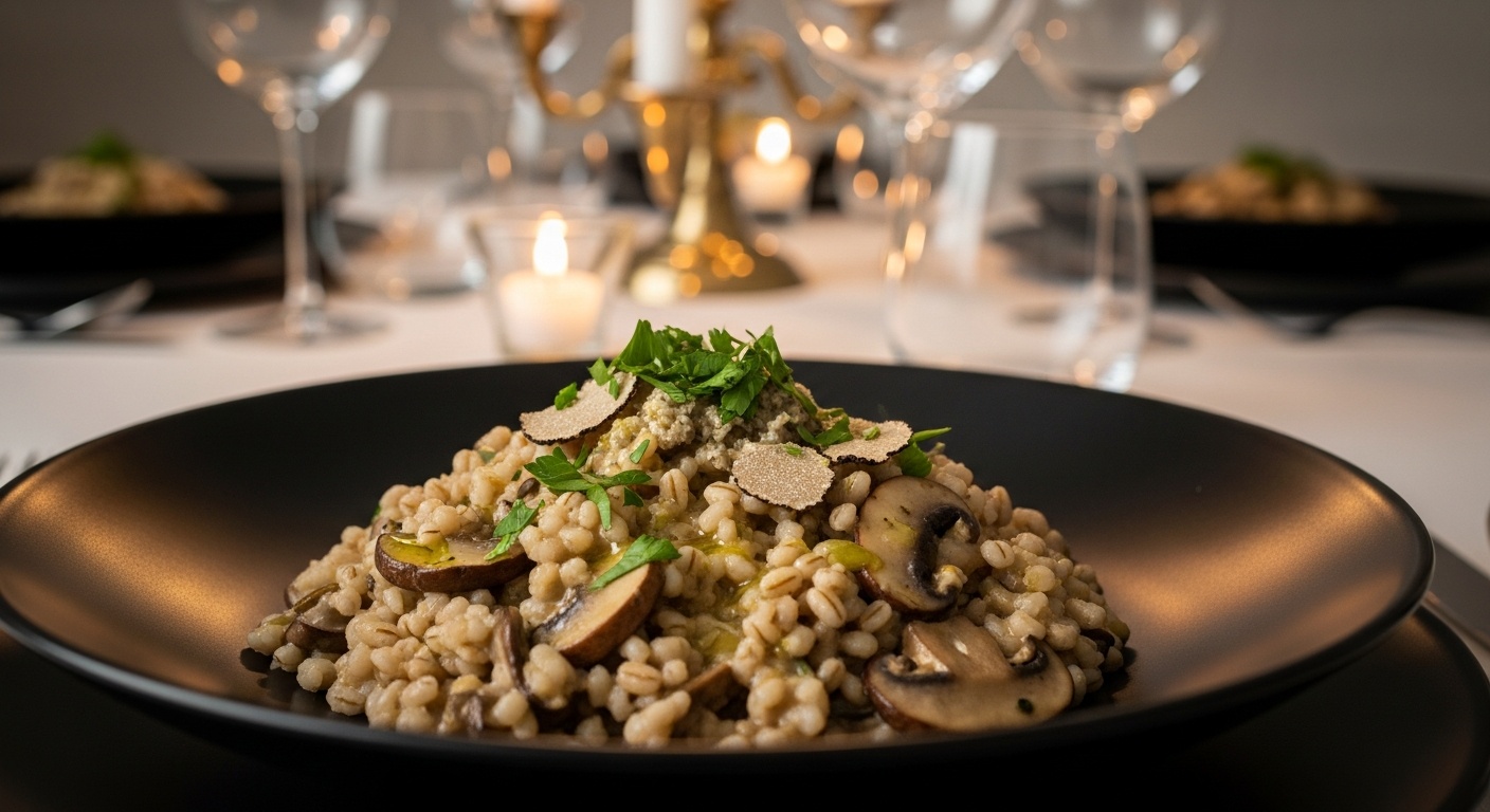 Creamy mushroom and barley risotto in a bowl with herbs