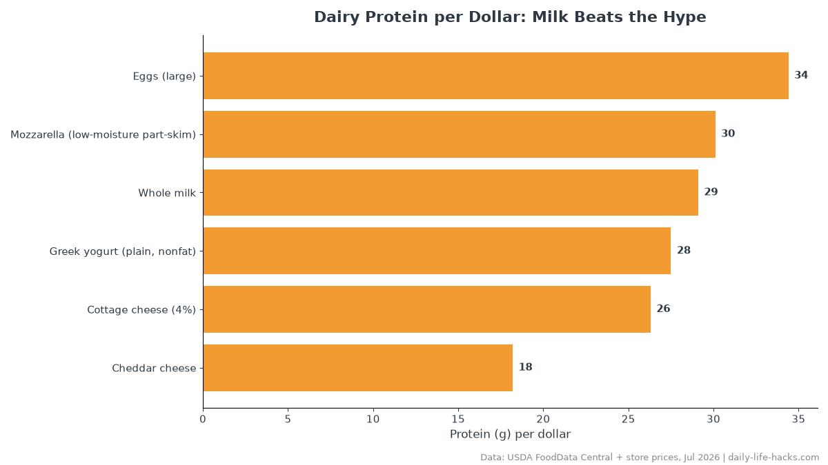 Bar chart ranking 6 dairy staples by protein per dollar