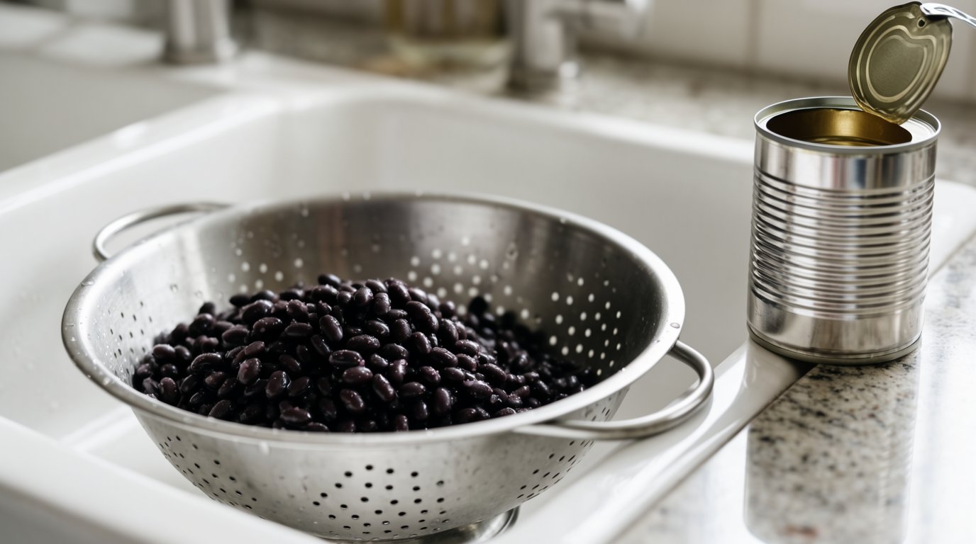 An opened can of black beans being drained into a colander in a kitchen sink