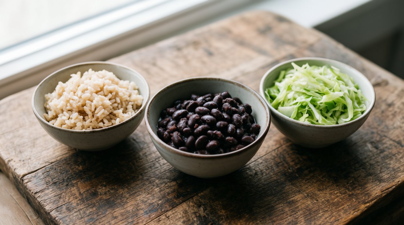 Three small bowls holding cooked beans, brown rice, and shredded cabbage arranged on a wooden board