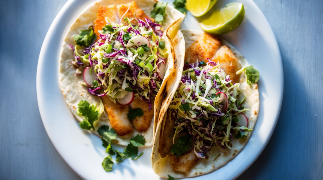 Two fish tacos with cabbage slaw, lime wedges, and cilantro on a white plate viewed from above