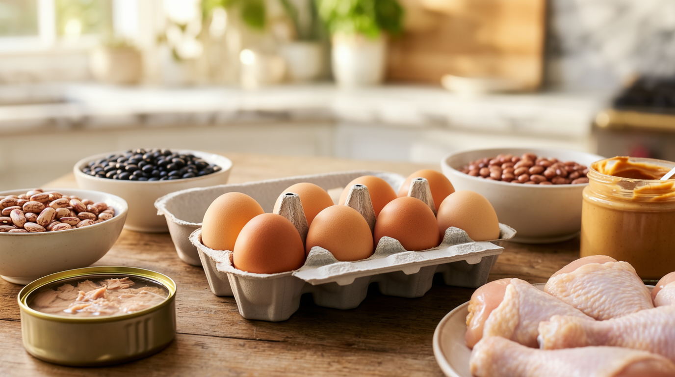 A carton of brown eggs surrounded by bowls of beans, canned tuna, peanut butter, and chicken drumsticks
