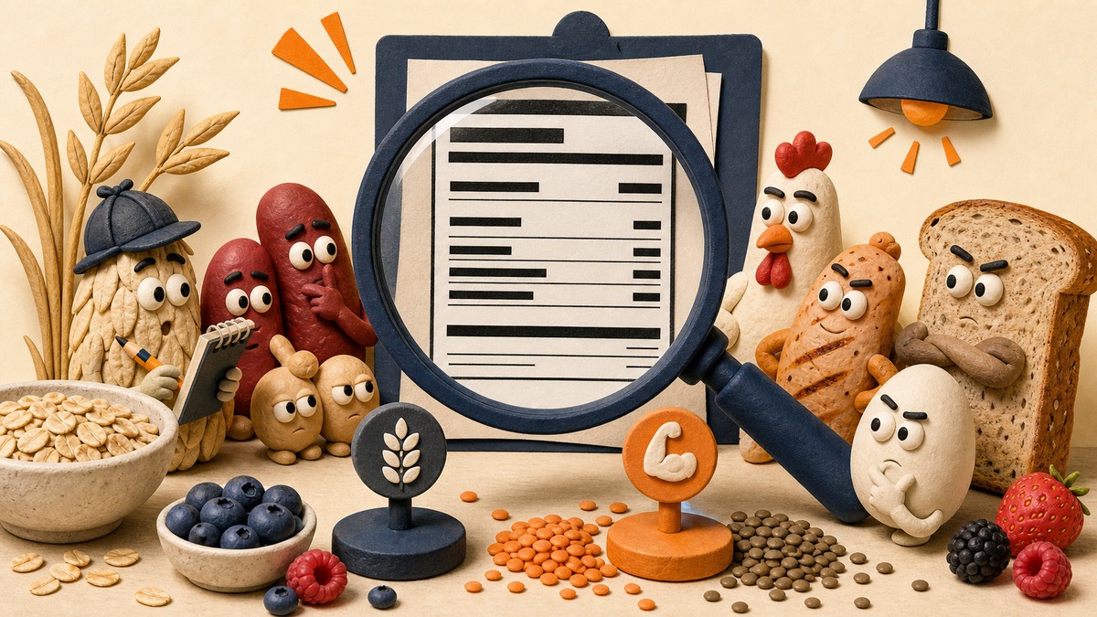 Playful editorial illustration of a magnifying glass examining a nutrition label beside beans, oats, eggs, and chicken