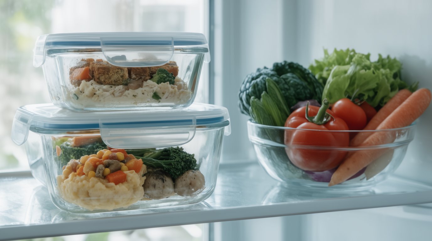 A refrigerator shelf holding covered glass containers of leftovers and a carton of eggs