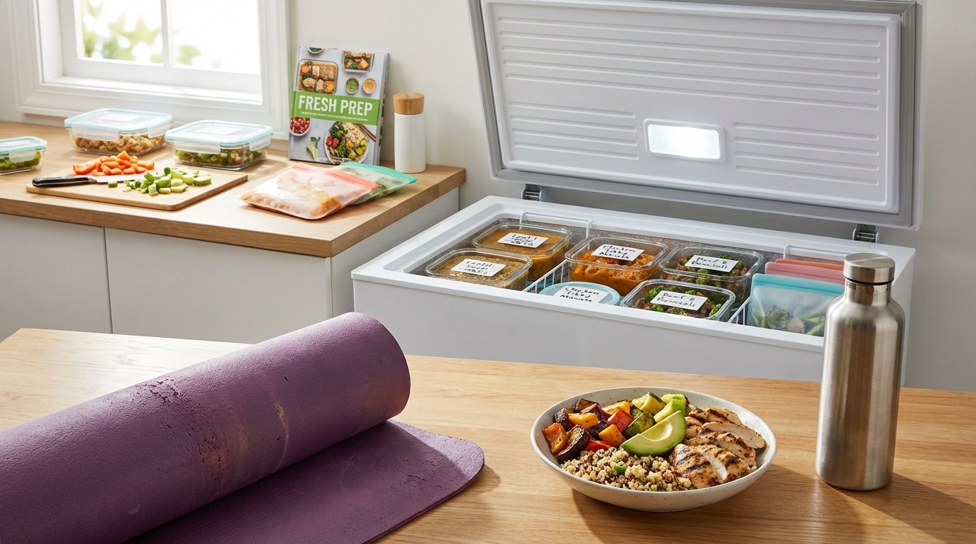 Freezer Meal Prep Ideas for Beginners - five flat frozen ziplock bags stacked neatly in a modern freezer