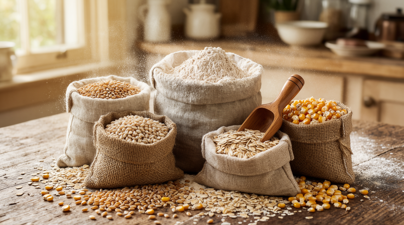 Linen sacks and scoops of whole wheat flour, barley, oats, and popcorn kernels on a farmhouse table