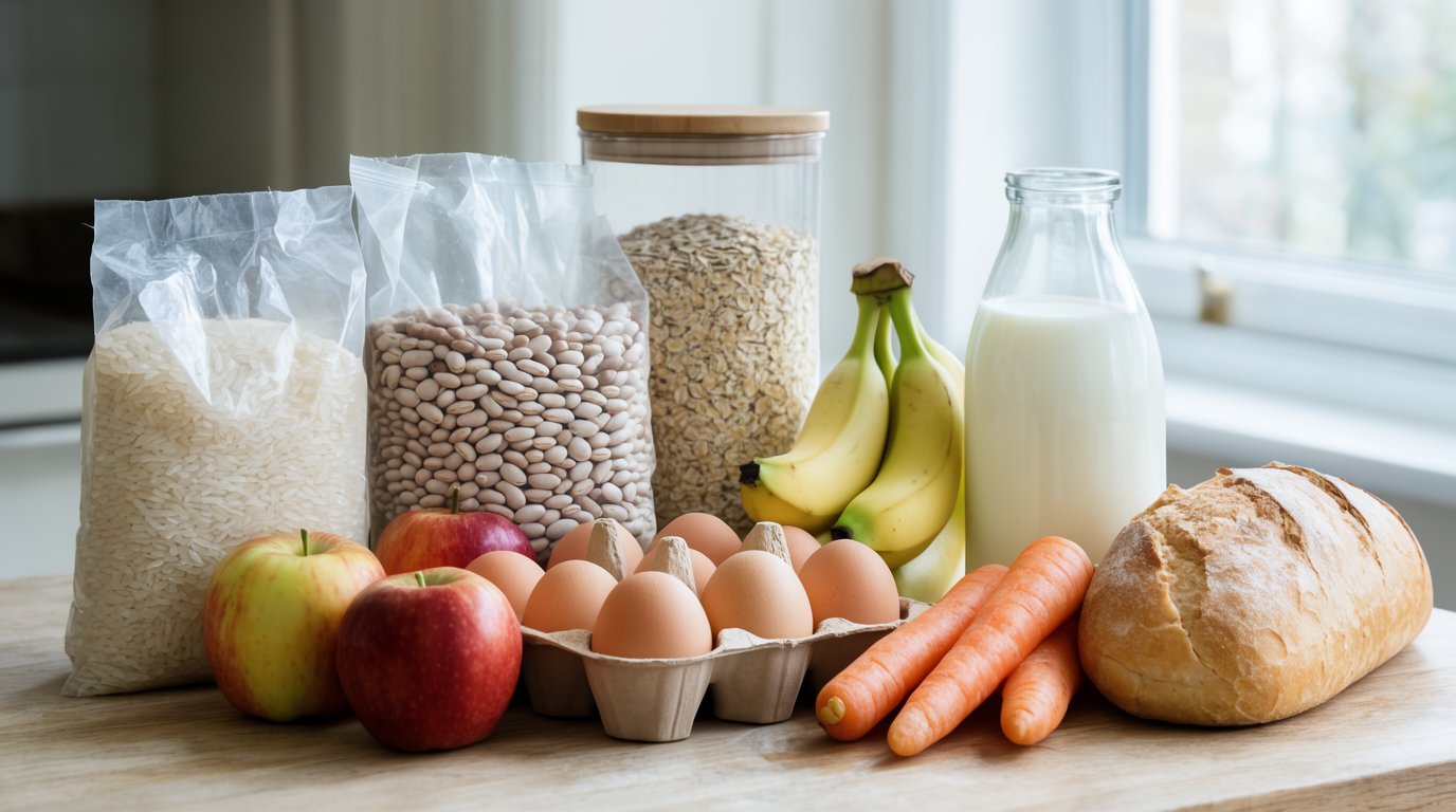 A single-person grocery haul on a kitchen counter: dried beans, rice, eggs, frozen vegetables and fresh produce