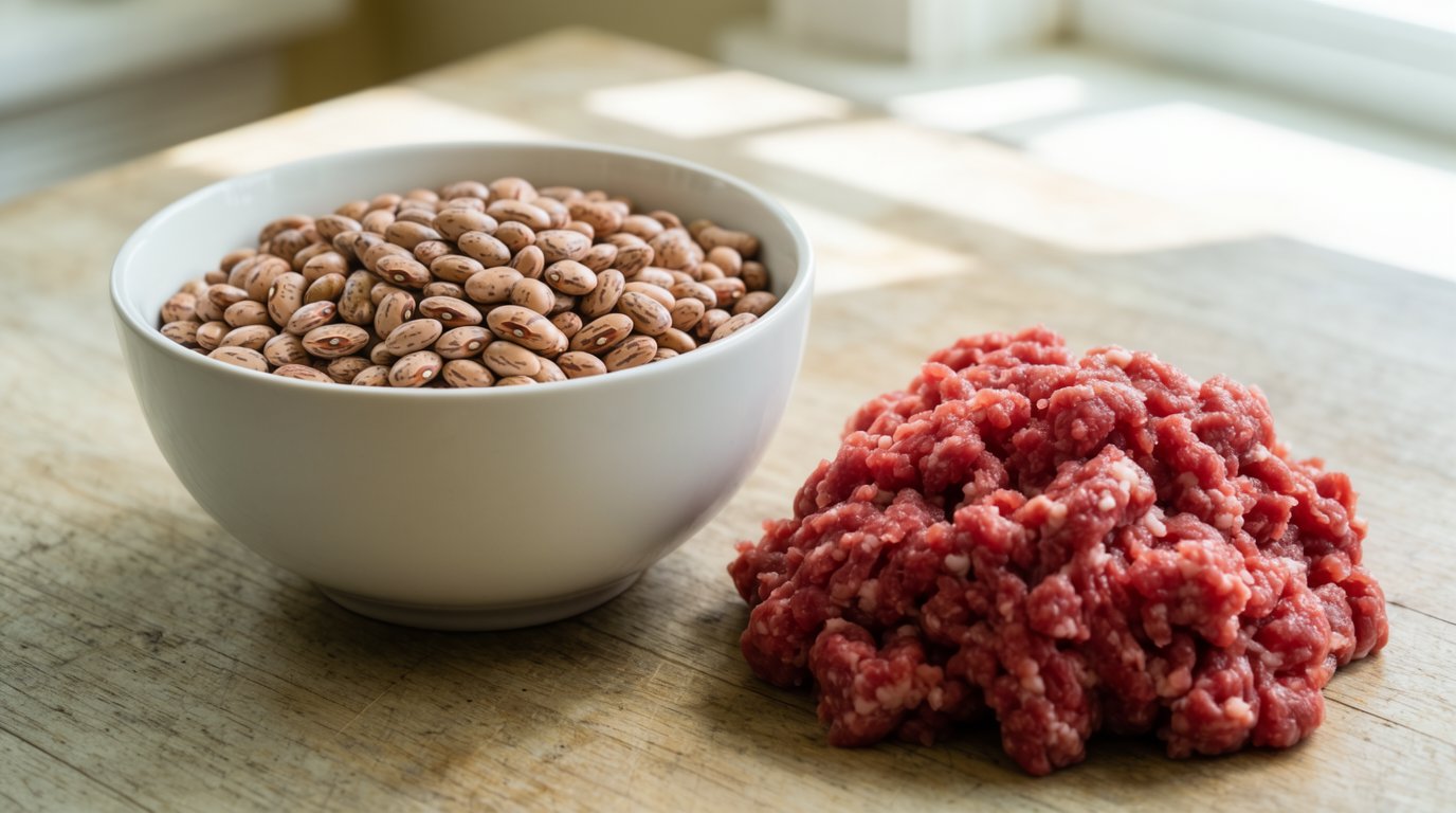 A bowl of dry pinto beans beside a pound of raw ground beef on a wooden counter