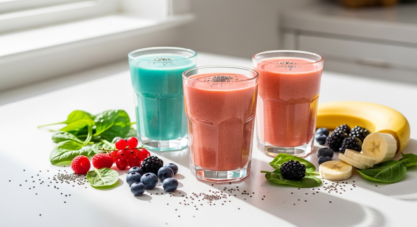 Blender jar with purple berry smoothie and fresh fruit nearby