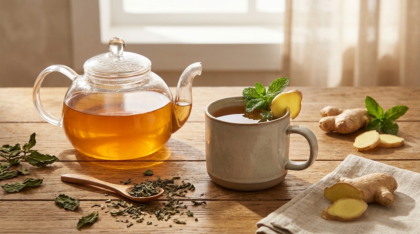 Gut Health Tea Peppermint Ginger - fresh meal in glass containers for digestive comfort