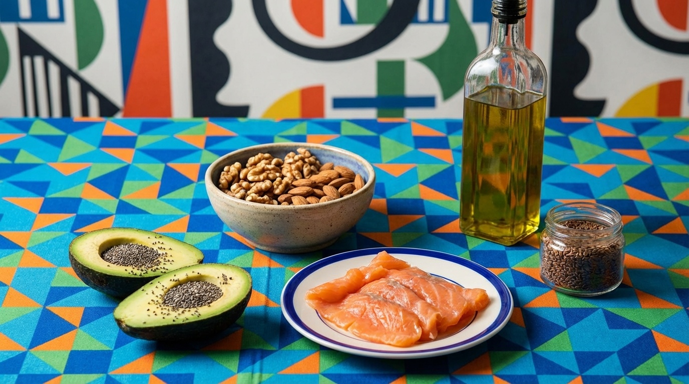 Assortment of healthy fat foods: avocado, nuts, olive oil, salmon
