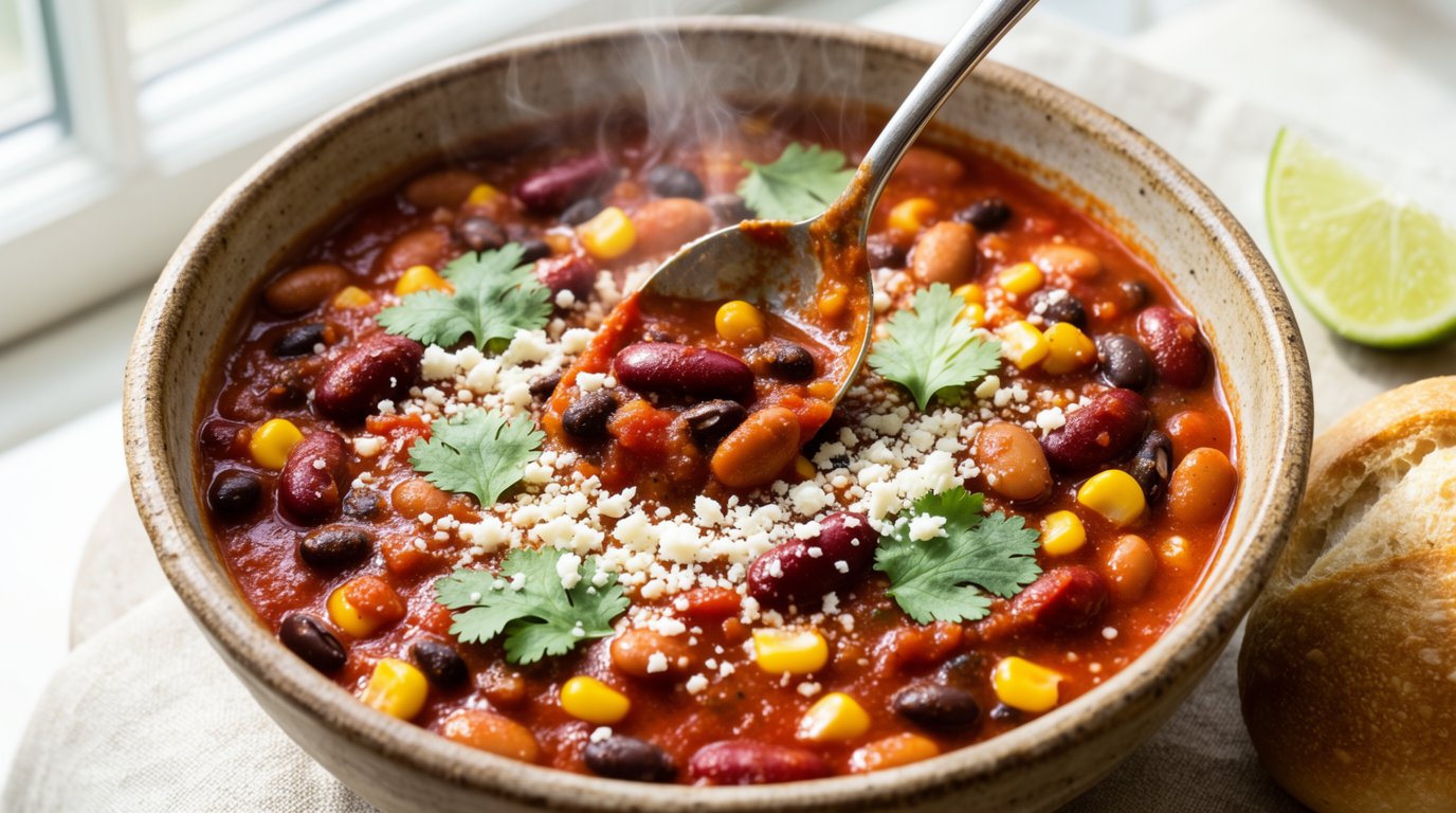 A ceramic bowl filled with thick vegetarian three-bean chili topped with cilantro and cheese, with corn, kidney beans, and black beans visible in the rich tomato sauce.
