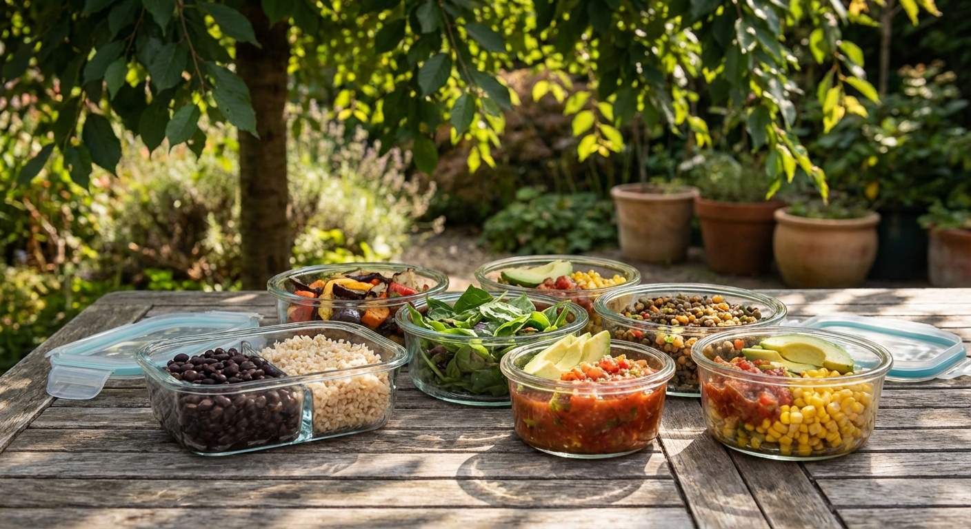 Four glass meal prep containers filled with quinoa black beans corn and salsa