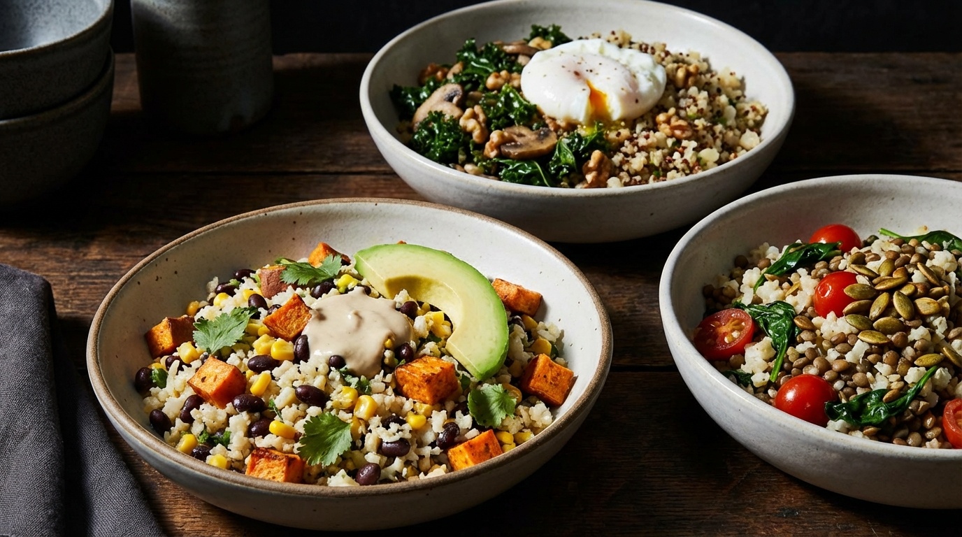 High Fiber Cauliflower Rice Recipes - dynamic cooking action shot for natural nutrition