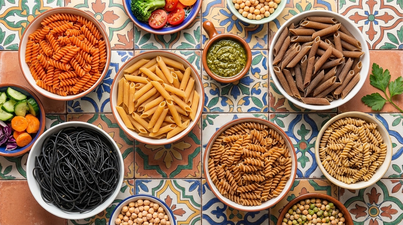 Bowls of pasta with vegetables and tomato sauce