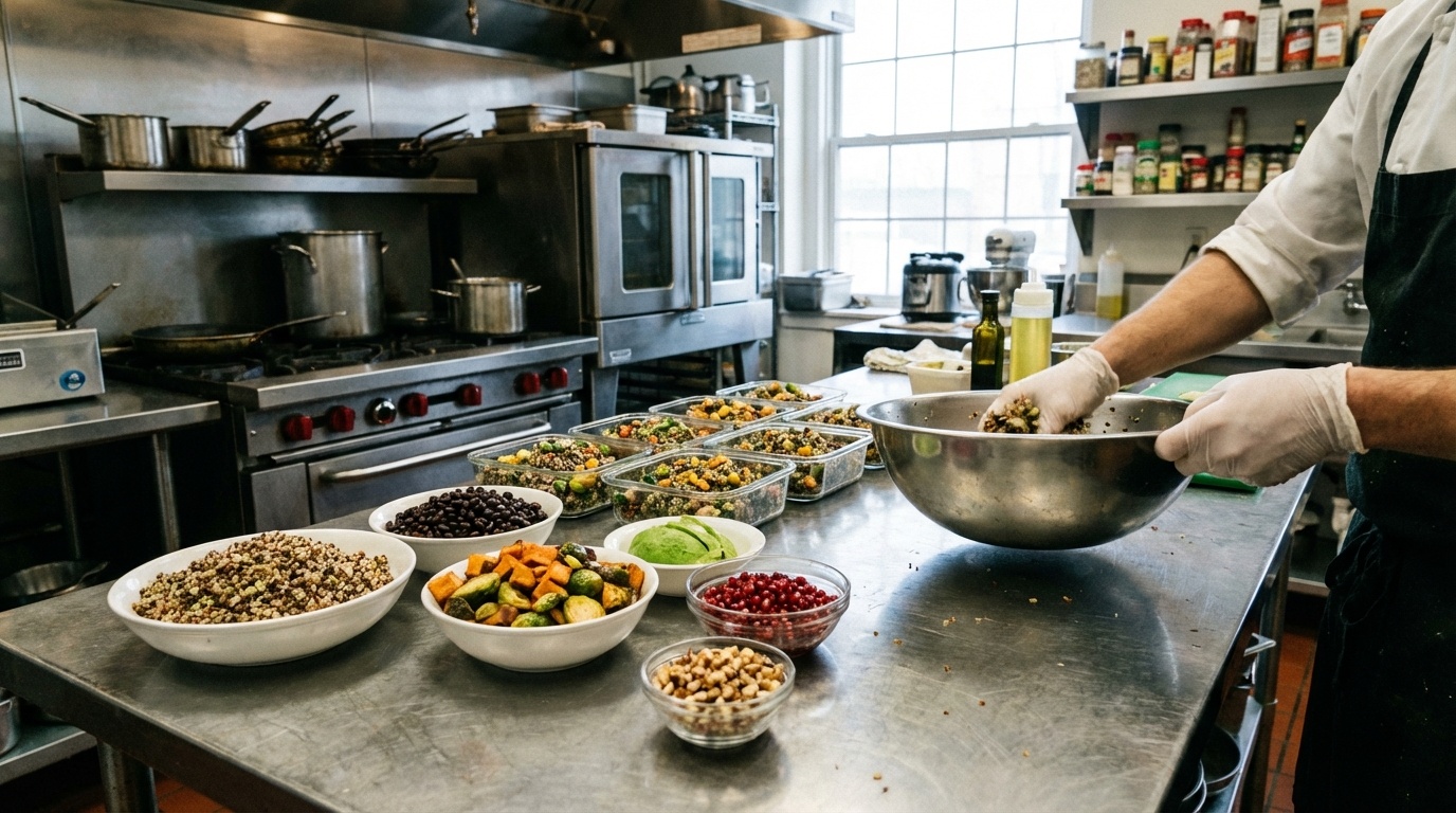 Quinoa salad with vegetables in a meal prep container