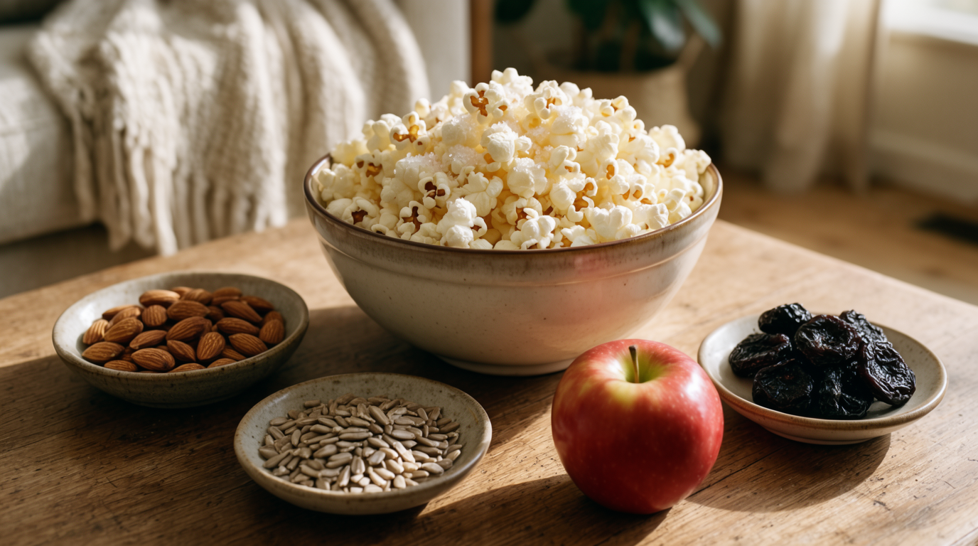 A big bowl of popcorn with small bowls of almonds, sunflower seeds, an apple, and prunes on a table