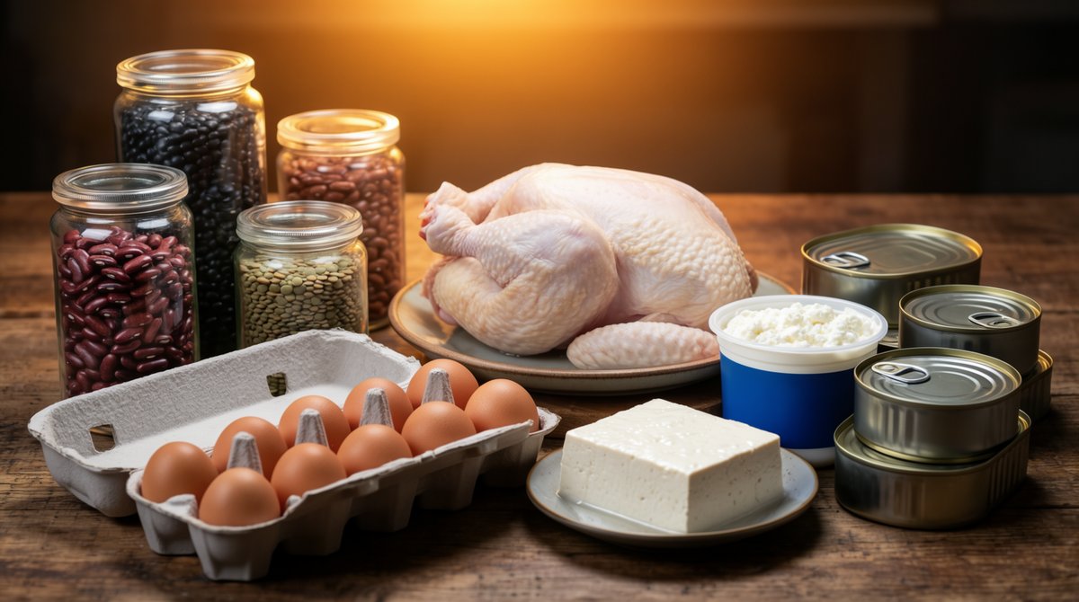 Glass jars of dry beans and lentils beside a carton of eggs, a whole chicken, canned fish, a block of tofu, and a tub of cottage cheese on a wooden table