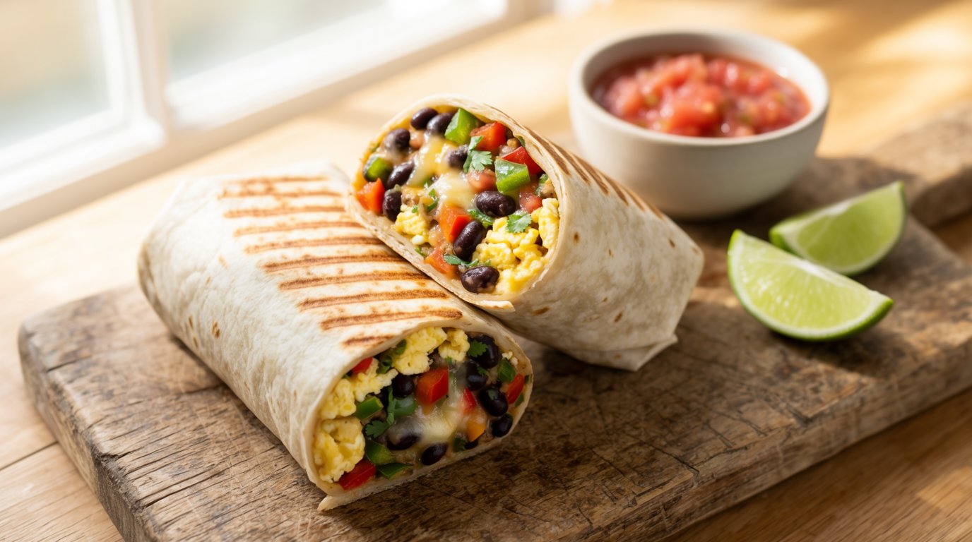 Two breakfast burritos on a wooden board, one whole and one cut in half showing eggs, black beans, cheese, and vegetables inside with salsa and lime.
