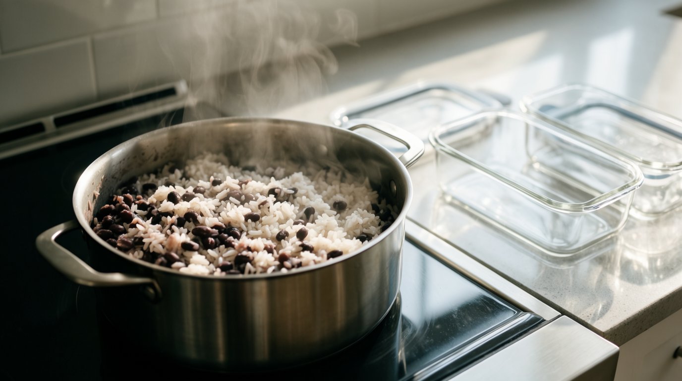 A large pot of cooked rice and beans cooling on a stovetop next to shallow storage containers
