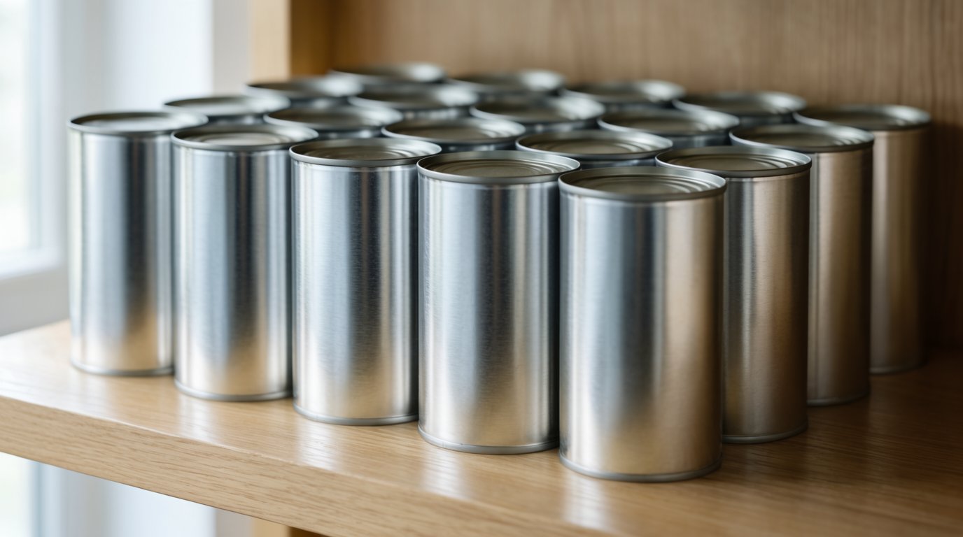Plain tin cans stacked in a pantry cupboard beside a jar of dry beans