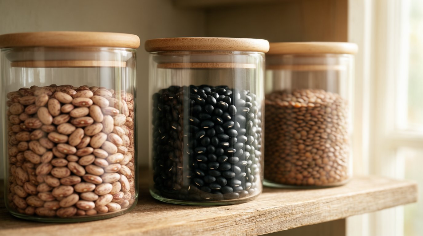 Glass jars of dried pinto beans, black beans, and lentils lined up on a pantry shelf