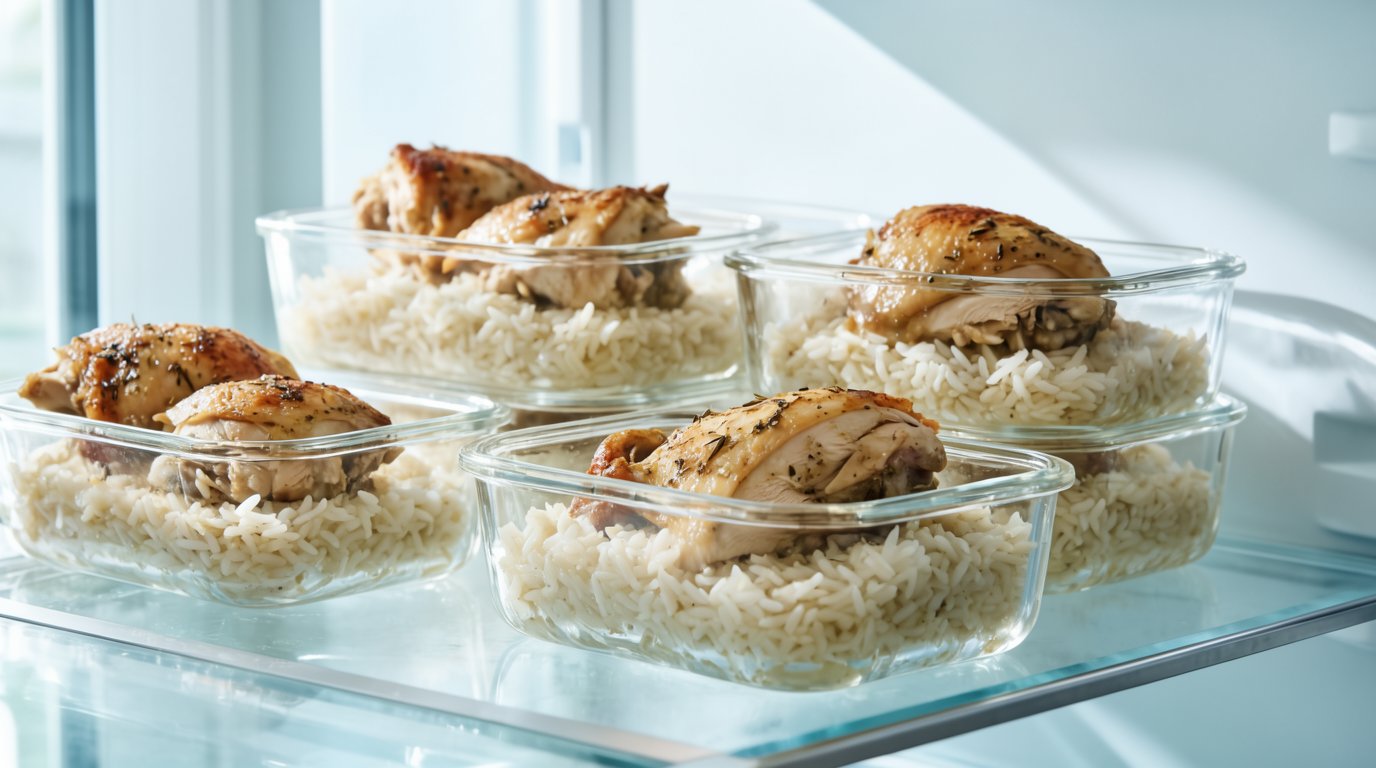 Shallow glass containers of leftover chicken and rice labeled with dates on a fridge shelf